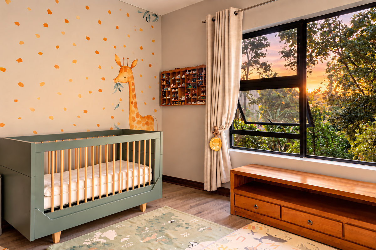 A bright and well-maintained bedroom featuring large windows with natural light, laminate flooring, and neutral wall finishes.