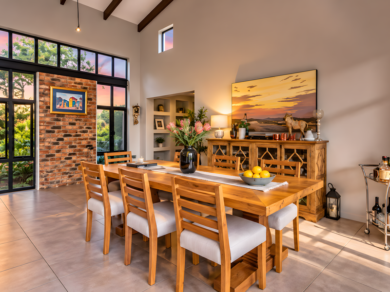 Elegant dining room featuring a vaulted ceiling with exposed timber beams, a striking exposed brick feature wall, and large windows overlooking the garden.