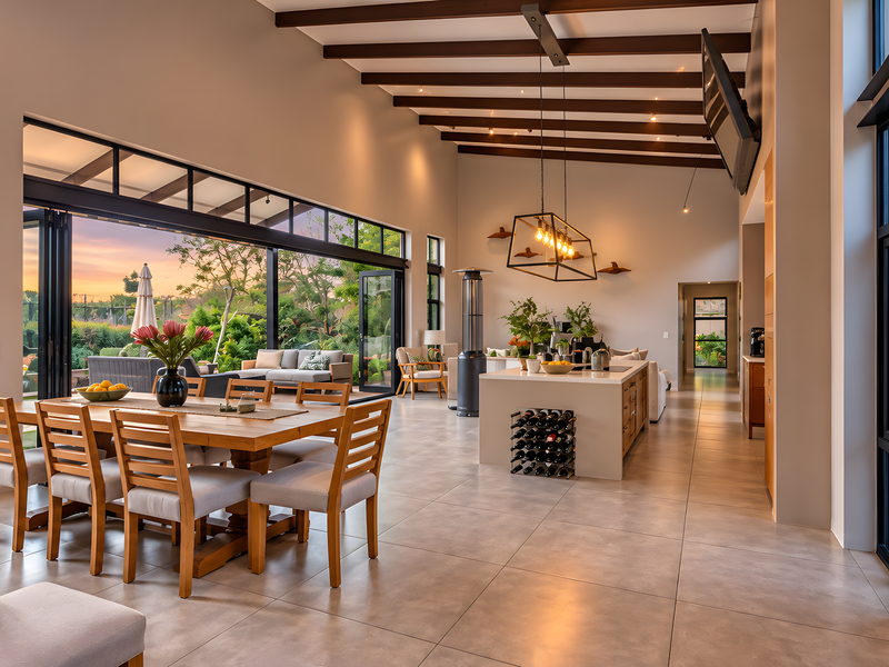 Spacious open-plan living and dining area featuring exposed timber beams, large format tiling, an exposed brick wall, and seamless indoor-outdoor flow via bi-fold doors.