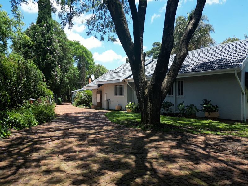 A view of the property exterior featuring a paved driveway, mature trees, and a well-maintained garden surrounding the building facade.