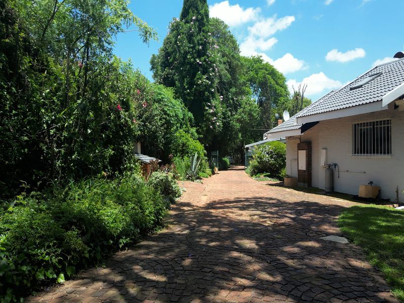 A view of the property's side exterior featuring a paved driveway, mature garden landscaping, and the side elevation of the house.
