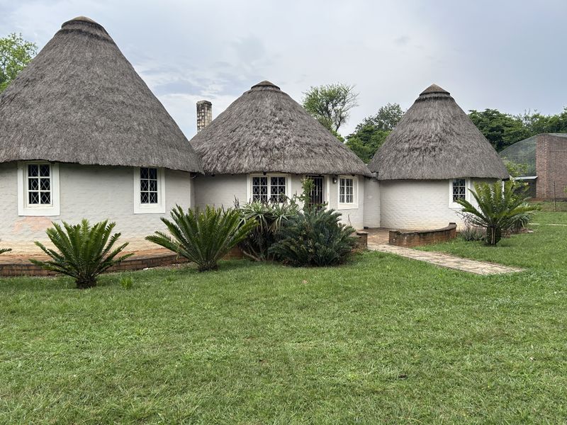 Rear view of a traditional thatched-roof dwelling featuring multiple circular structures, lattice windows, and a surrounding garden with a paved walkway.