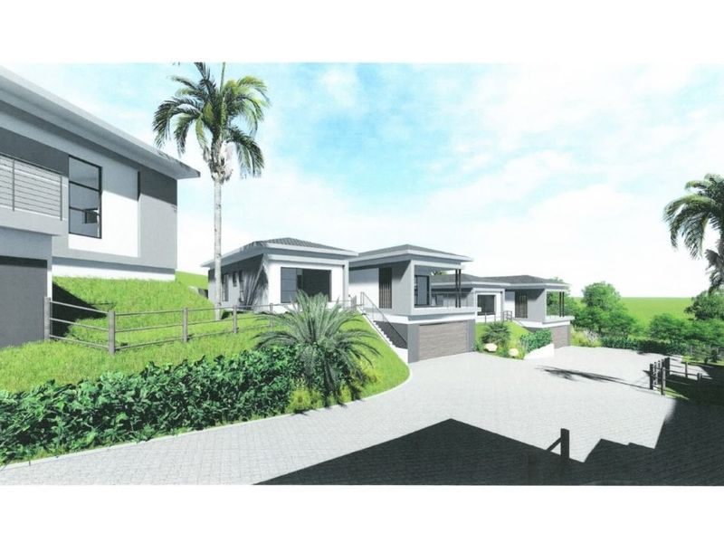 Architectural rendering of a modern cluster development featuring paved driveways, integrated garages, and landscaped terraced gardens.