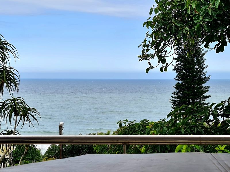 A scenic ocean view framed by lush greenery, featuring a modern stainless steel railing in the foreground.
