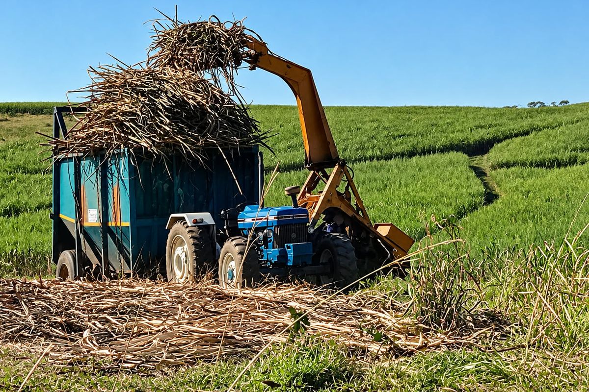 Agricultural machinery harvesting crops on a farm field.