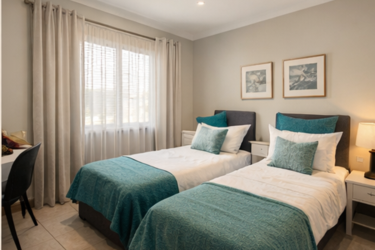 A well-maintained bedroom featuring neutral wall tones, tiled flooring, and recessed downlighting, offering a clean and comfortable living space.