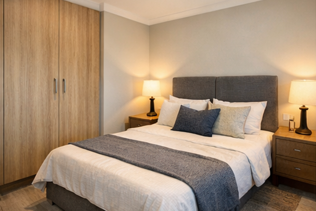 A well-maintained bedroom featuring neutral walls, tiled flooring, and a large built-in wooden wardrobe.