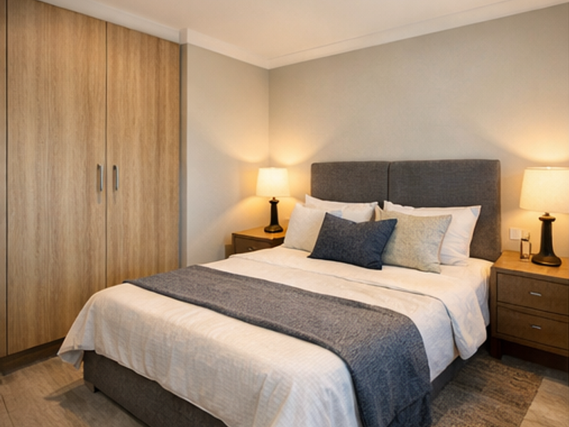 A well-maintained bedroom featuring neutral walls, tiled flooring, and a large built-in wooden wardrobe.