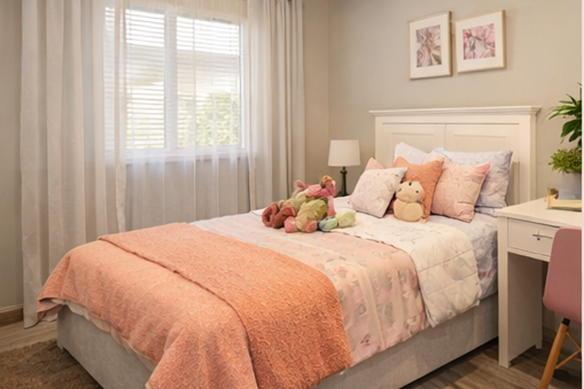 A well-maintained bedroom featuring neutral wall tones, recessed downlighting, and venetian blinds, providing a comfortable and bright living space.