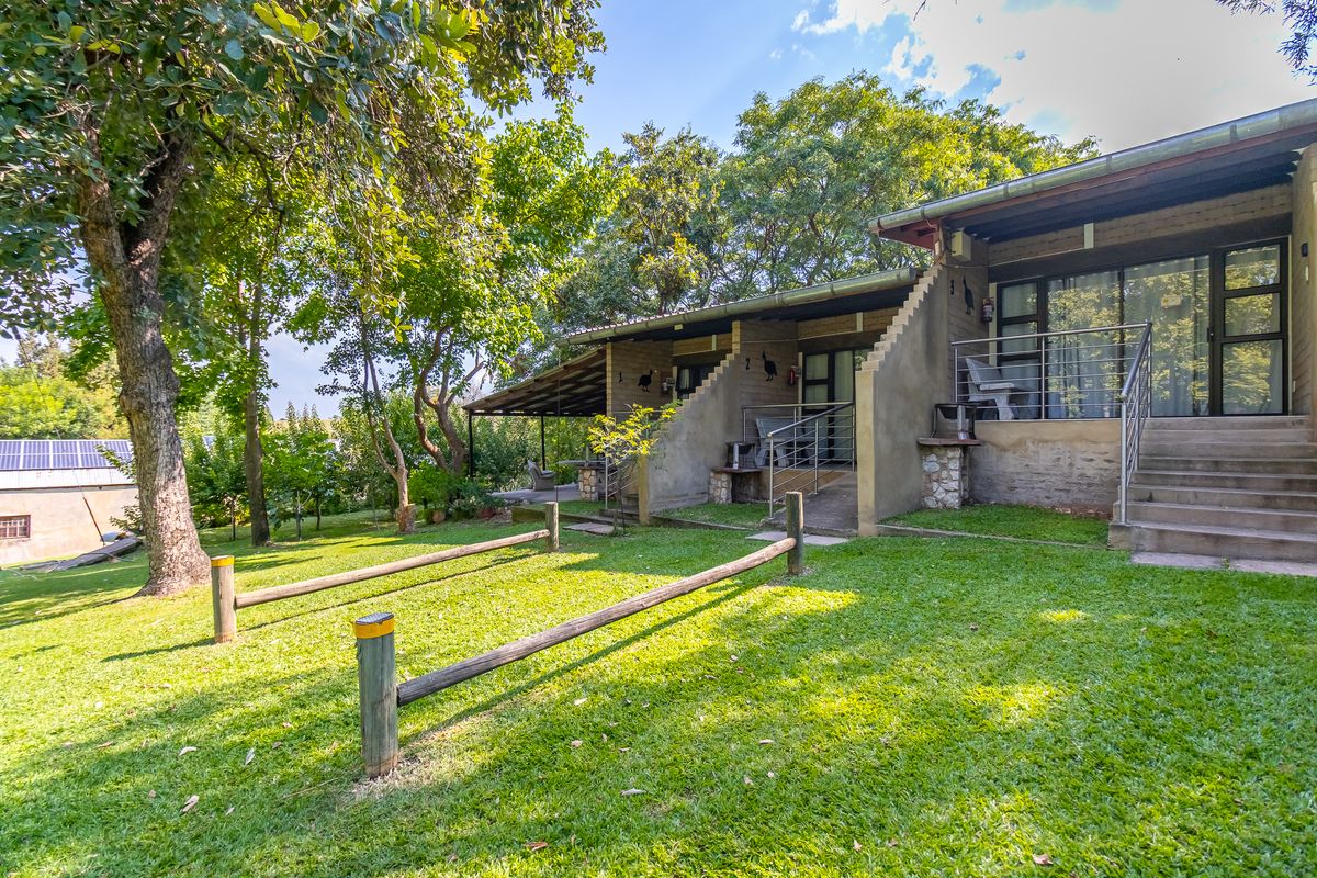 Rear view of the guest house featuring multiple units with private covered patios, concrete stairs, and direct access to a landscaped garden area.
