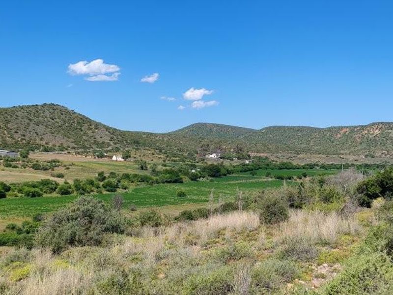 A scenic landscape view overlooking the farm property, featuring rolling hills, green fields, and natural vegetation under a clear blue sky.