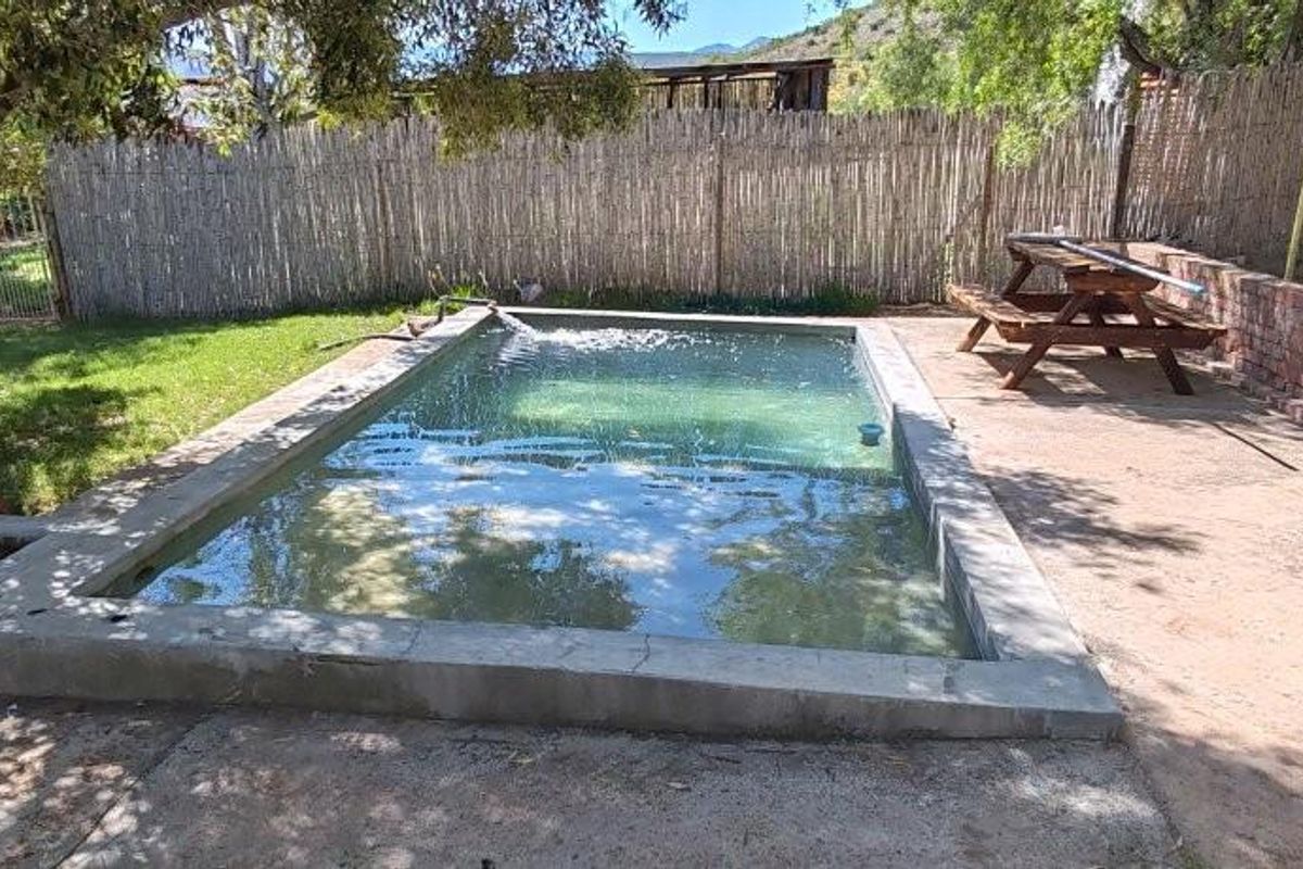 Outdoor farm-style swimming pool area featuring a concrete basin, brick retaining wall, and surrounding garden space.