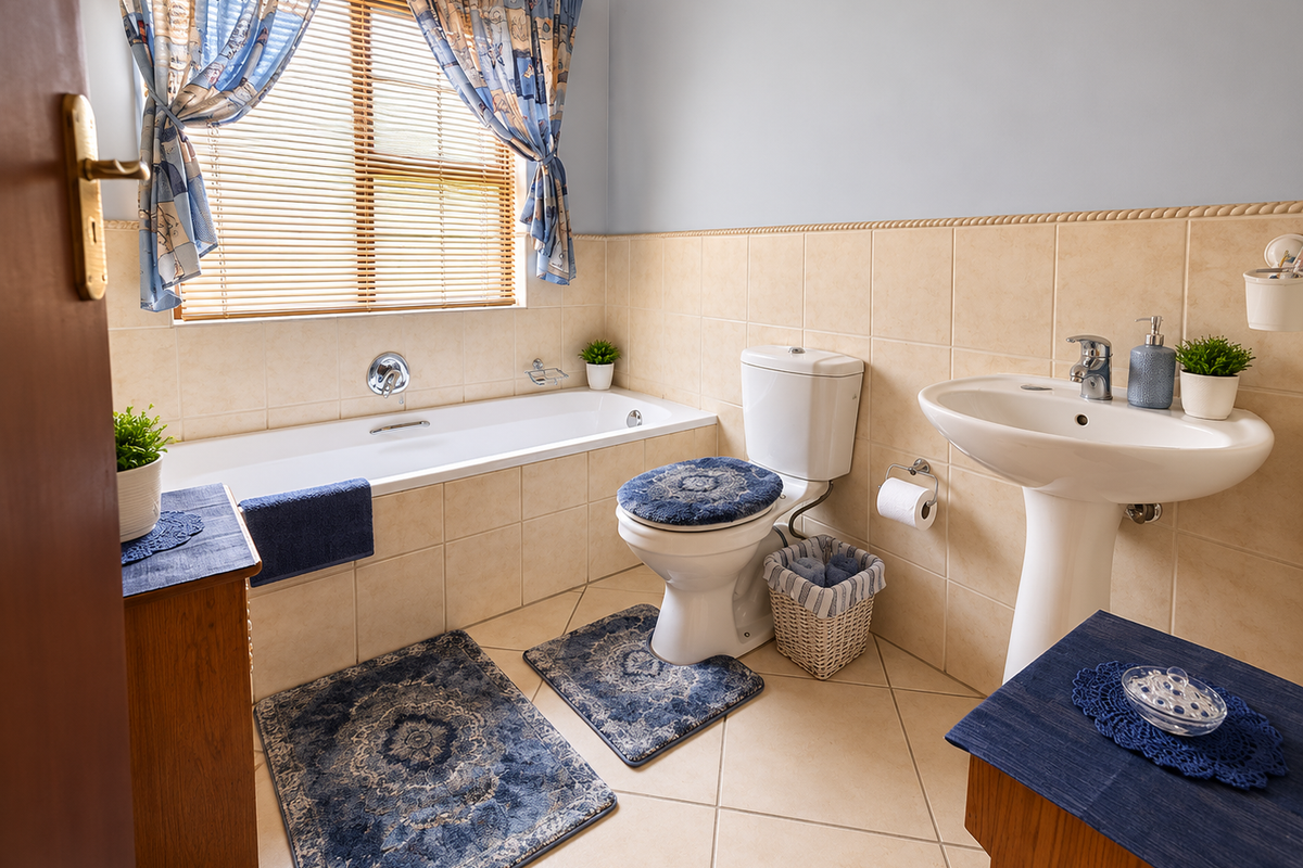 A well-maintained bathroom featuring a built-in bathtub, pedestal basin, and toilet with neutral wall tiling and floor tiles.