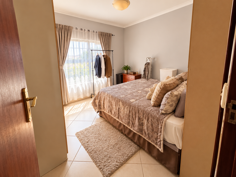 A well-lit bedroom featuring tiled flooring, neutral wall tones, and a window with curtain rails, offering a comfortable and functional living space.