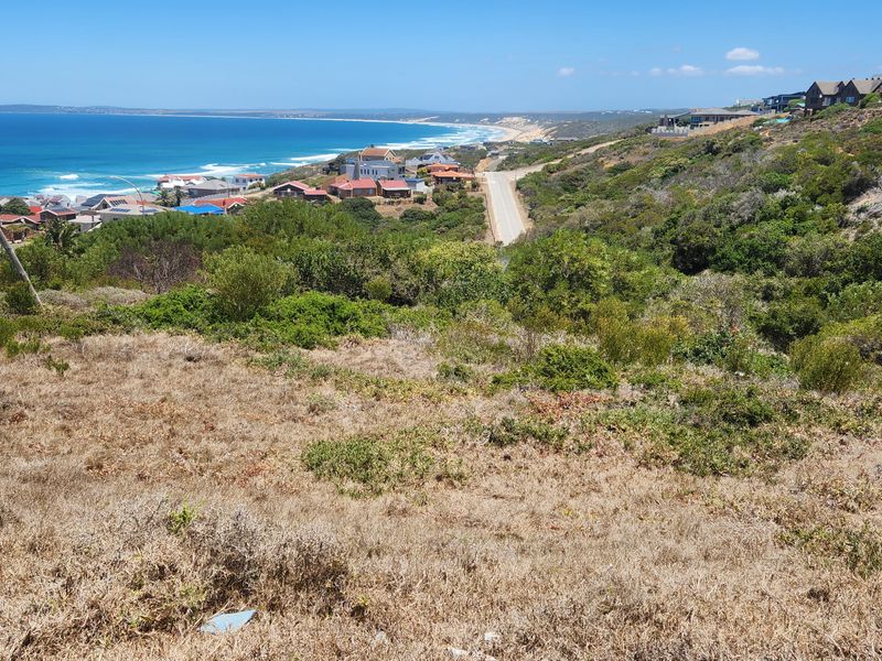 A vacant residential plot featuring expansive coastal and ocean views, situated in a developed neighborhood with natural coastal vegetation.