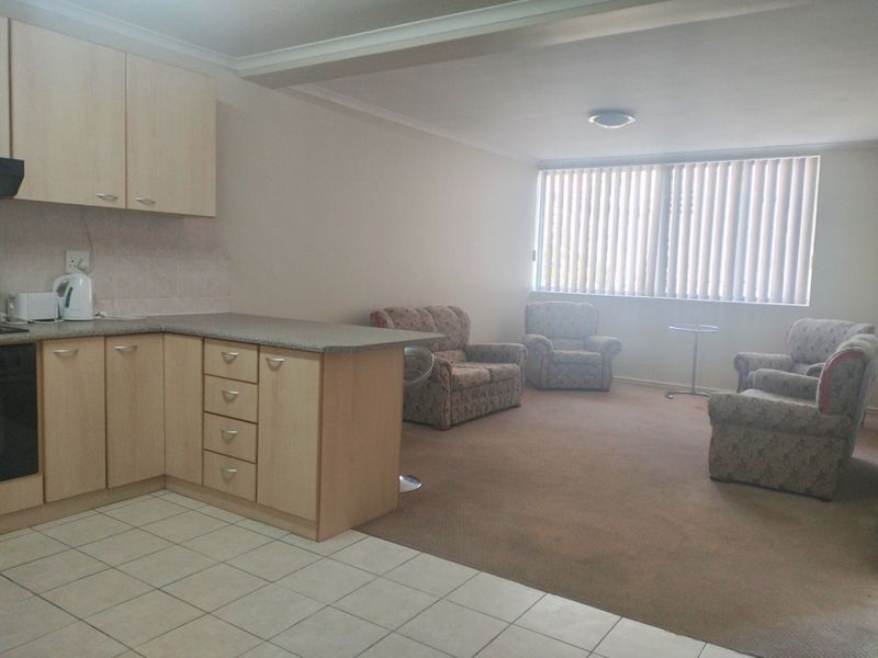 Open-plan living area featuring a functional kitchen with laminate cabinetry and a carpeted lounge space with large windows and vertical blinds.