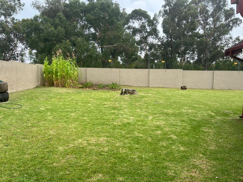 A spacious private backyard featuring a well-maintained lawn, enclosed by a high perimeter wall with integrated electric fencing.