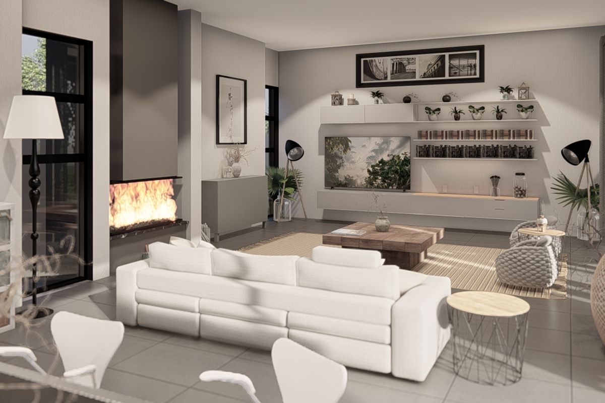 A modern, open-plan living area featuring a sleek built-in fireplace, tiled flooring, and integrated wall-mounted cabinetry for a clean, contemporary aesthetic.