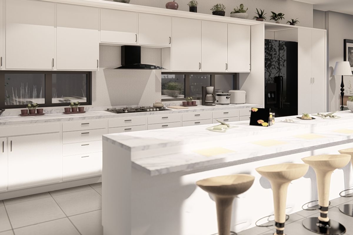 Modern kitchen featuring sleek white cabinetry, marble-look countertops, a central island with breakfast bar seating, and integrated appliances.