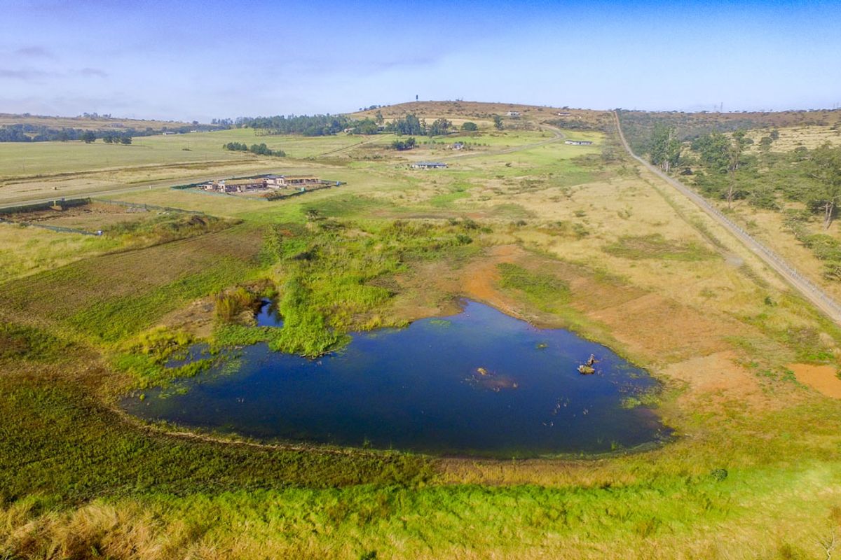 An aerial view of a vacant residential plot featuring natural landscape, open grassland, and a small pond.