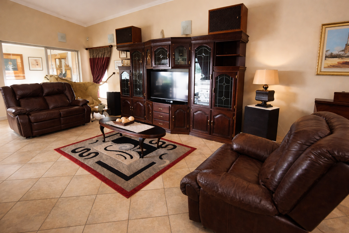 Spacious living room featuring tiled flooring, high ceilings, and a large built-in wooden entertainment unit.