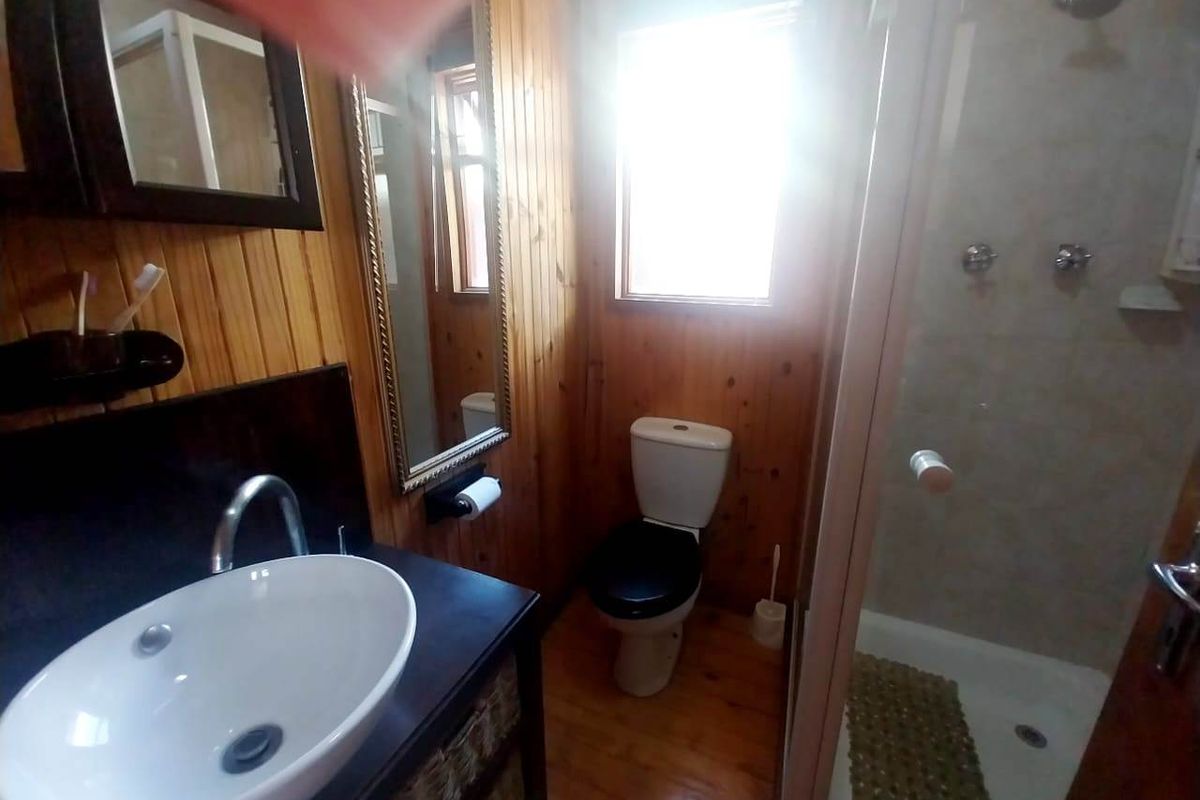 A compact bathroom featuring timber wall paneling, a vessel sink vanity, a toilet, and a glass-enclosed shower stall.