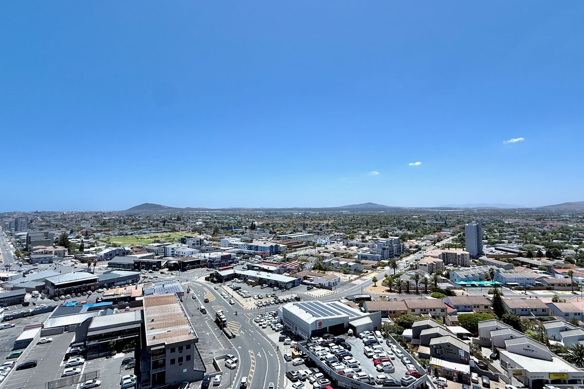 Elevated aerial view overlooking the surrounding urban landscape, commercial buildings, and distant hills from the penthouse vantage point.
