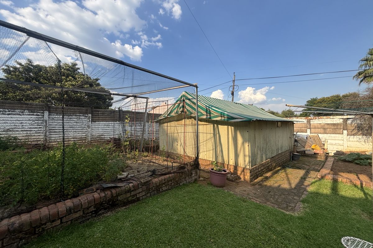 A rear garden area featuring a metal shed, brick paving, and a mesh-covered planting structure enclosed by a perimeter brick wall.