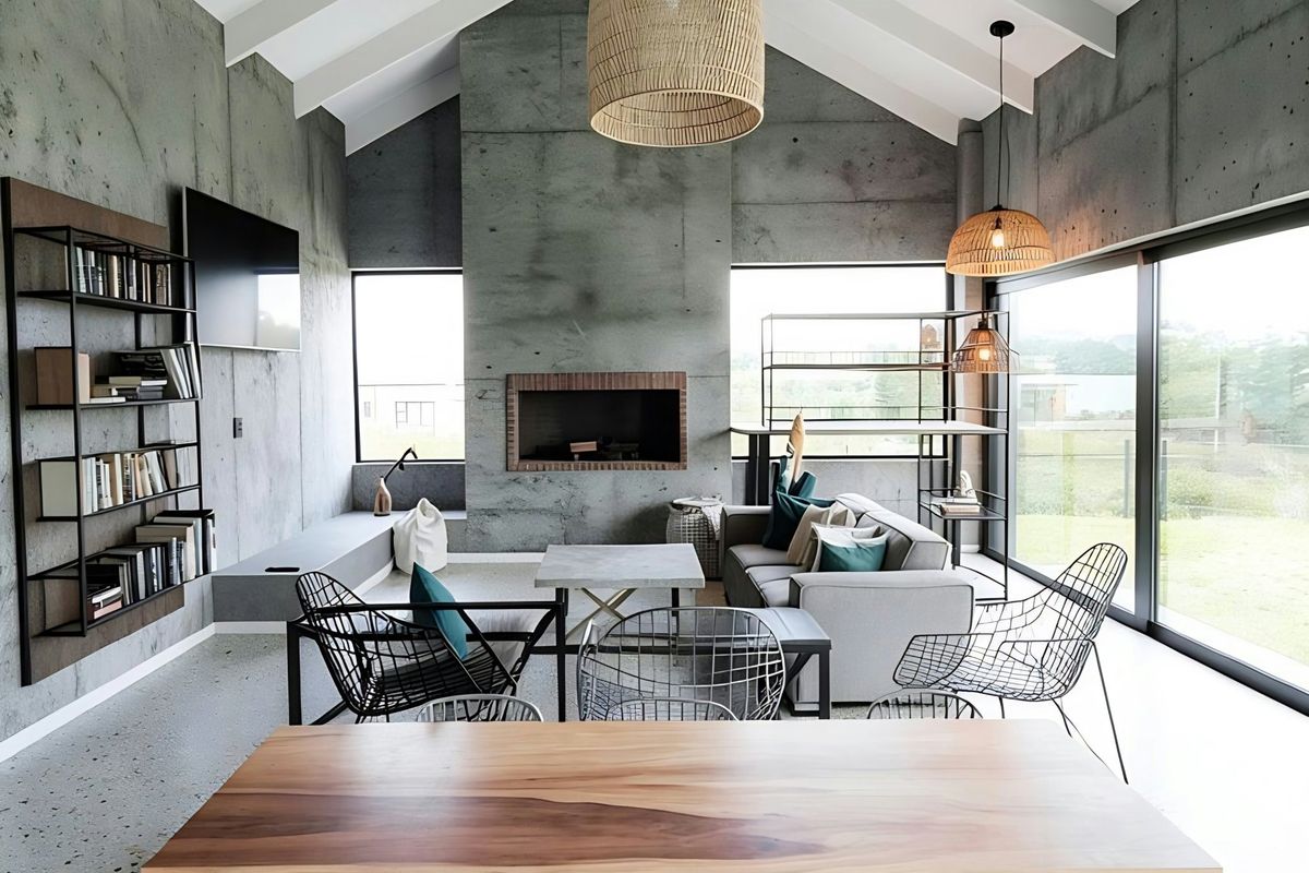 Modern living room featuring high vaulted ceilings with exposed rafters, polished terrazzo flooring, concrete walls, and a built-in fireplace with large glass sliding doors.