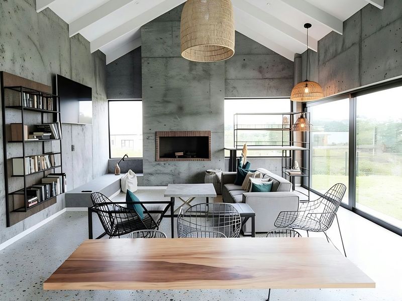 Modern living room featuring high vaulted ceilings with exposed rafters, polished terrazzo flooring, concrete walls, and a built-in fireplace with large glass sliding doors.