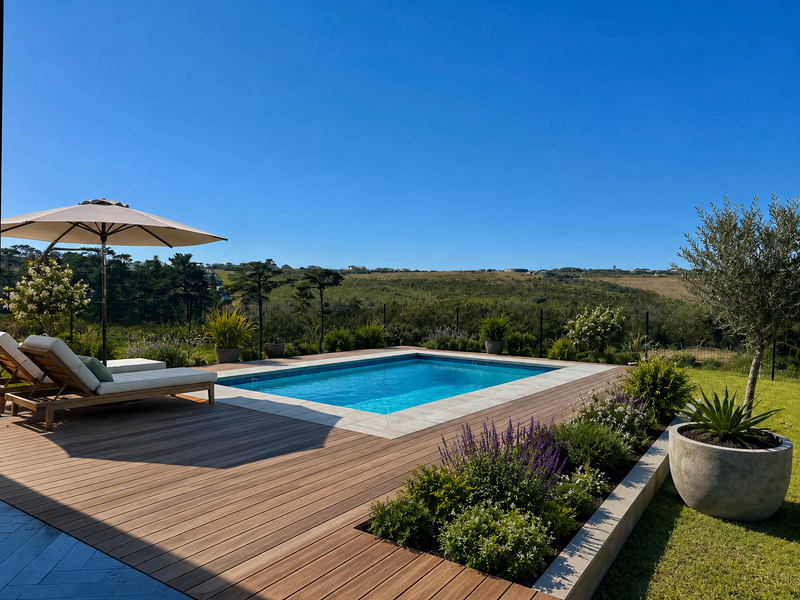 A well-maintained outdoor pool area featuring timber decking, stone coping, and landscaped garden beds with expansive views of the surrounding landscape.