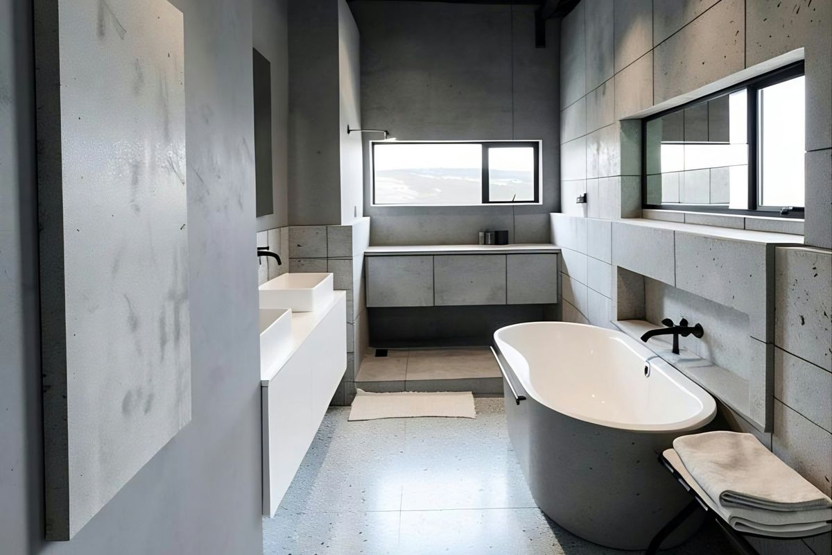 Modern industrial-style bathroom featuring a freestanding bathtub, double vanity with wall-mounted faucets, concrete wall tiles, and a unique exposed grid ceiling.