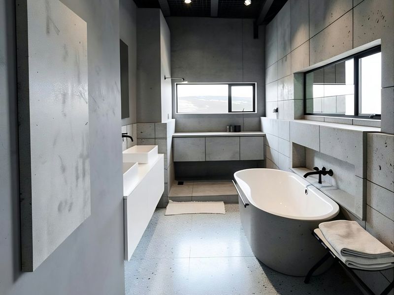Modern industrial-style bathroom featuring a freestanding bathtub, double vanity with wall-mounted faucets, concrete wall tiles, and a unique exposed grid ceiling.