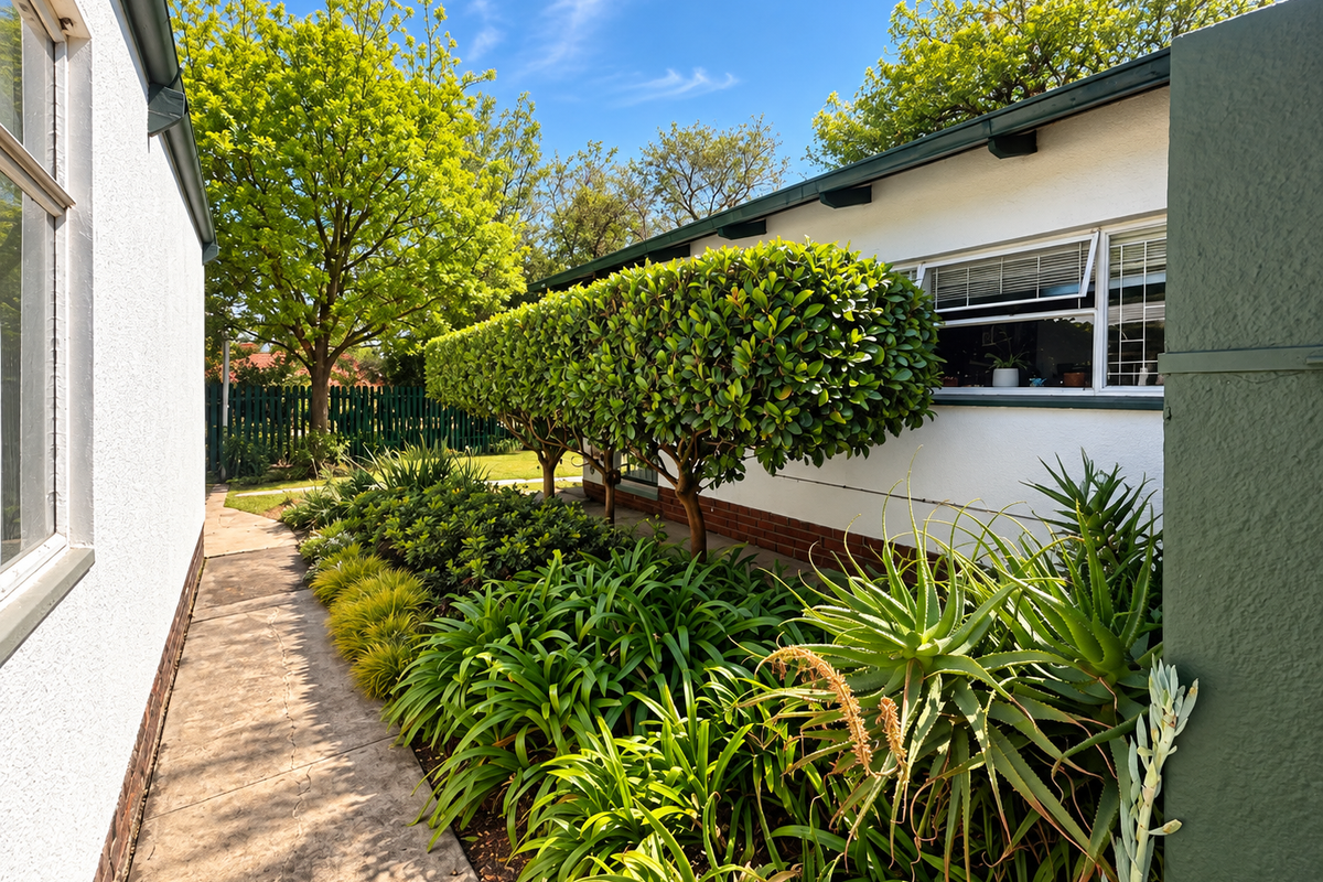 A well-maintained rear garden area featuring a concrete pathway, established shrubbery, and mature trees alongside the exterior wall of the house.