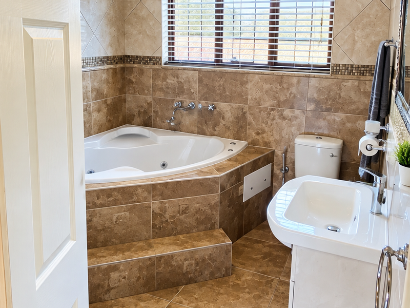 A well-maintained bathroom featuring a corner bathtub, vanity basin, toilet, and floor-to-ceiling tiled finishes with natural light from a window with blinds.
