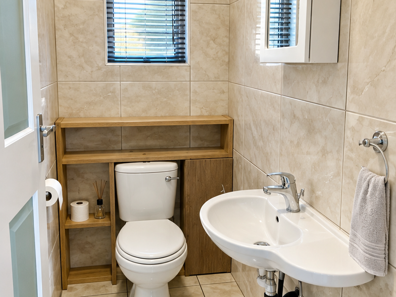 A compact, well-maintained bathroom featuring floor-to-ceiling beige tiling, a wall-mounted basin, a toilet with integrated shelving, and a mirrored medicine cabinet.