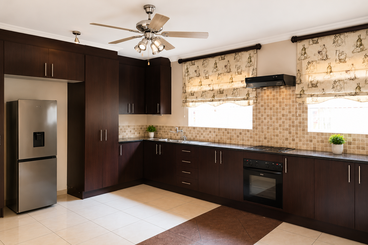 A well-maintained kitchen featuring dark wood cabinetry, tiled backsplash, built-in oven, cooktop, and a ceiling fan, offering a functional and clean workspace.