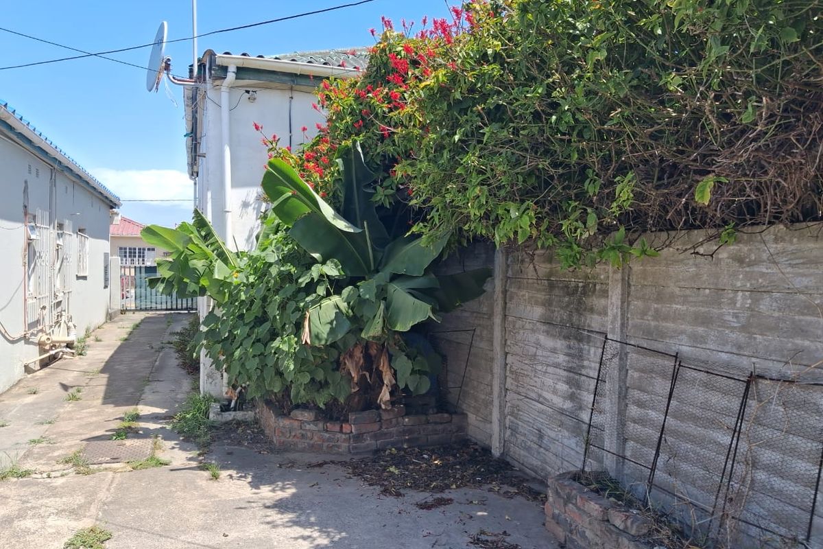 Side exterior view of the cottage featuring a concrete pathway, boundary wall, and established garden vegetation along the building exterior.