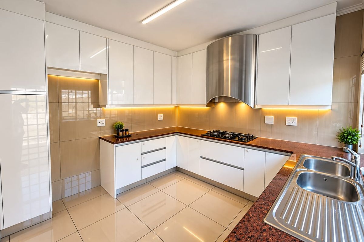 Modern kitchen featuring high-gloss white cabinetry, granite countertops, integrated gas hob, stainless steel extractor fan, and sleek tiled finishes throughout.
