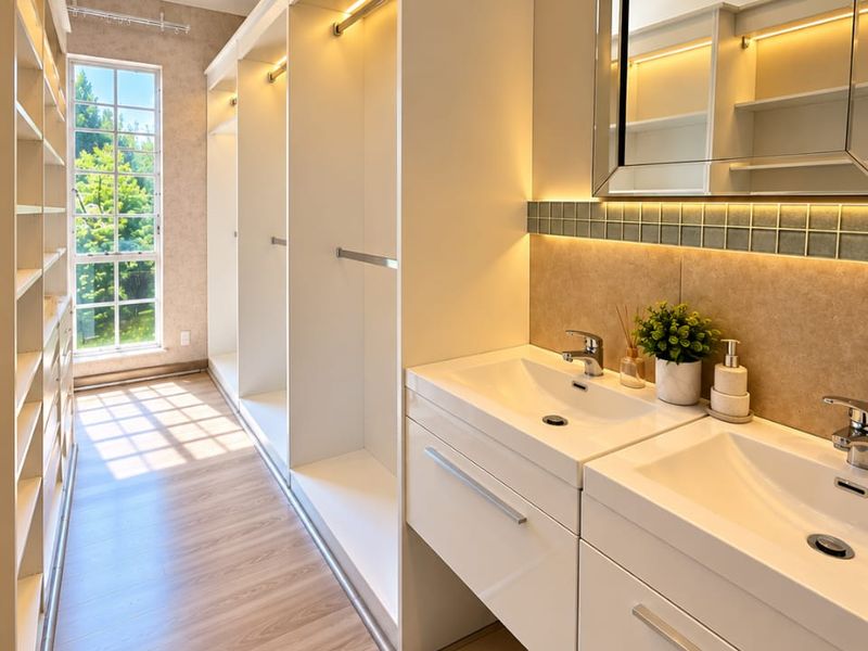 Modern, well-lit bathroom featuring a double vanity with integrated cabinetry, mosaic backsplash, and ample built-in storage space with warm LED accent lighting.