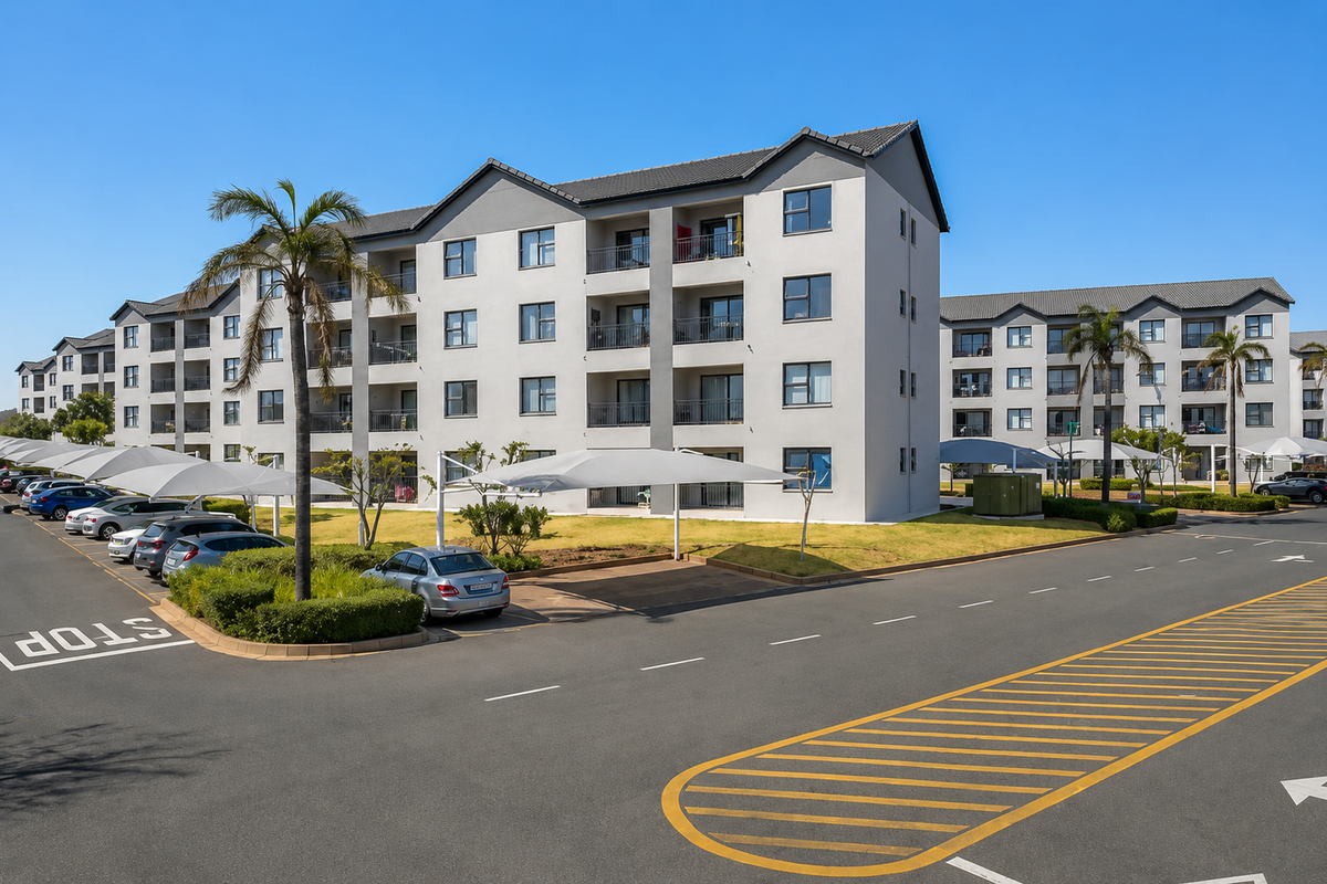 Exterior view of a modern multi-story apartment complex featuring paved parking areas with shade cloth carports and landscaped grounds.