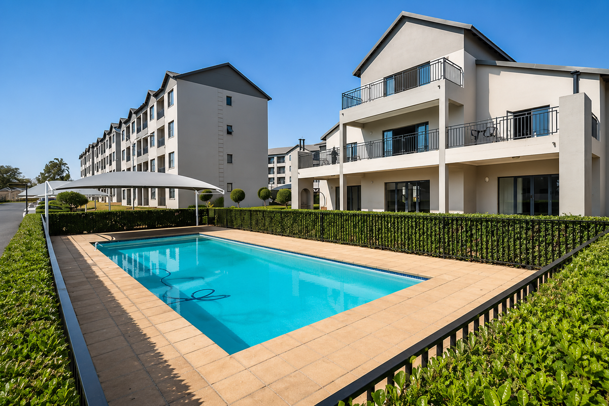 A well-maintained communal swimming pool area featuring a tiled deck, shade sail, and secure metal fencing, set against modern apartment building facades.