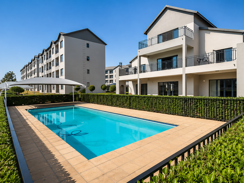 A well-maintained communal swimming pool area featuring a tiled deck, shade sail, and secure metal fencing, set against modern apartment building facades.