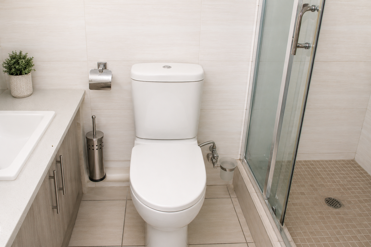 A modern bathroom featuring a vanity with stone countertop, a white toilet, and a glass-enclosed shower with neutral wall and floor tiling.