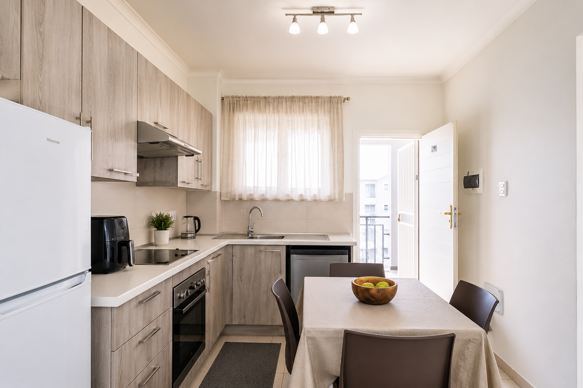 A well-maintained open-plan kitchen featuring light wood-grain cabinetry, modern built-in appliances, and a functional dining area with direct access to a balcony.