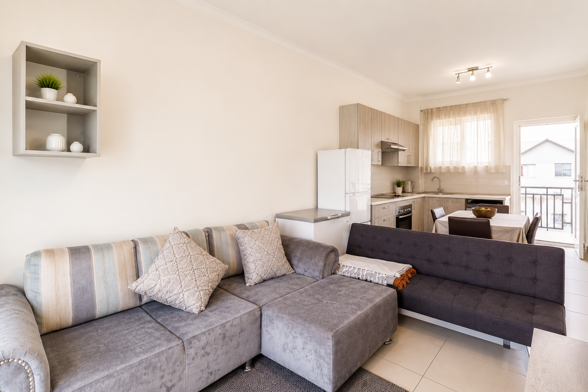 Open-plan living and kitchen area featuring tiled floors, modern cabinetry, built-in appliances, and direct access to a private balcony.