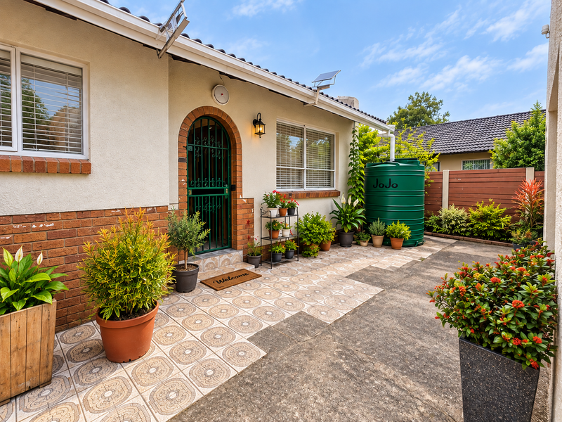 A well-maintained rear patio area featuring a tiled floor, brick exterior walls, a secure entrance gate, and a large green water storage tank.