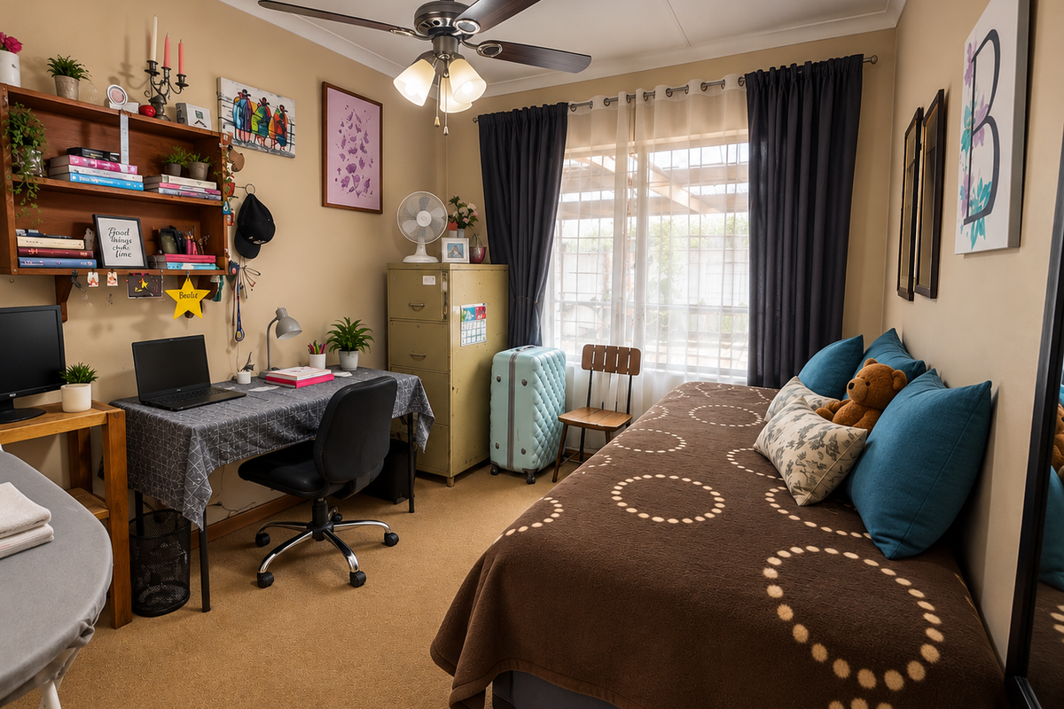 A functional bedroom featuring carpeted flooring, a ceiling fan, and a window with curtain tracks, providing a comfortable and practical living space.