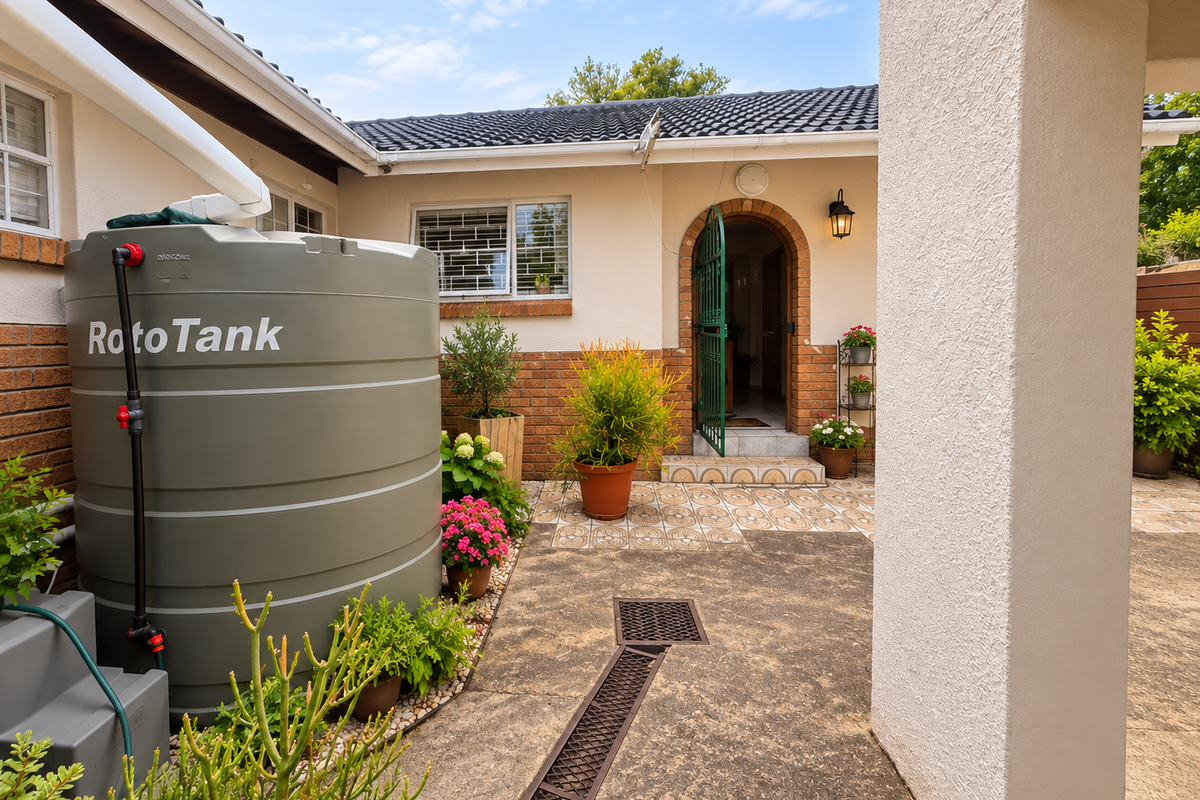 Rear courtyard area featuring a large water storage tank, brick and plaster facade, arched entrance, and functional drainage system.
