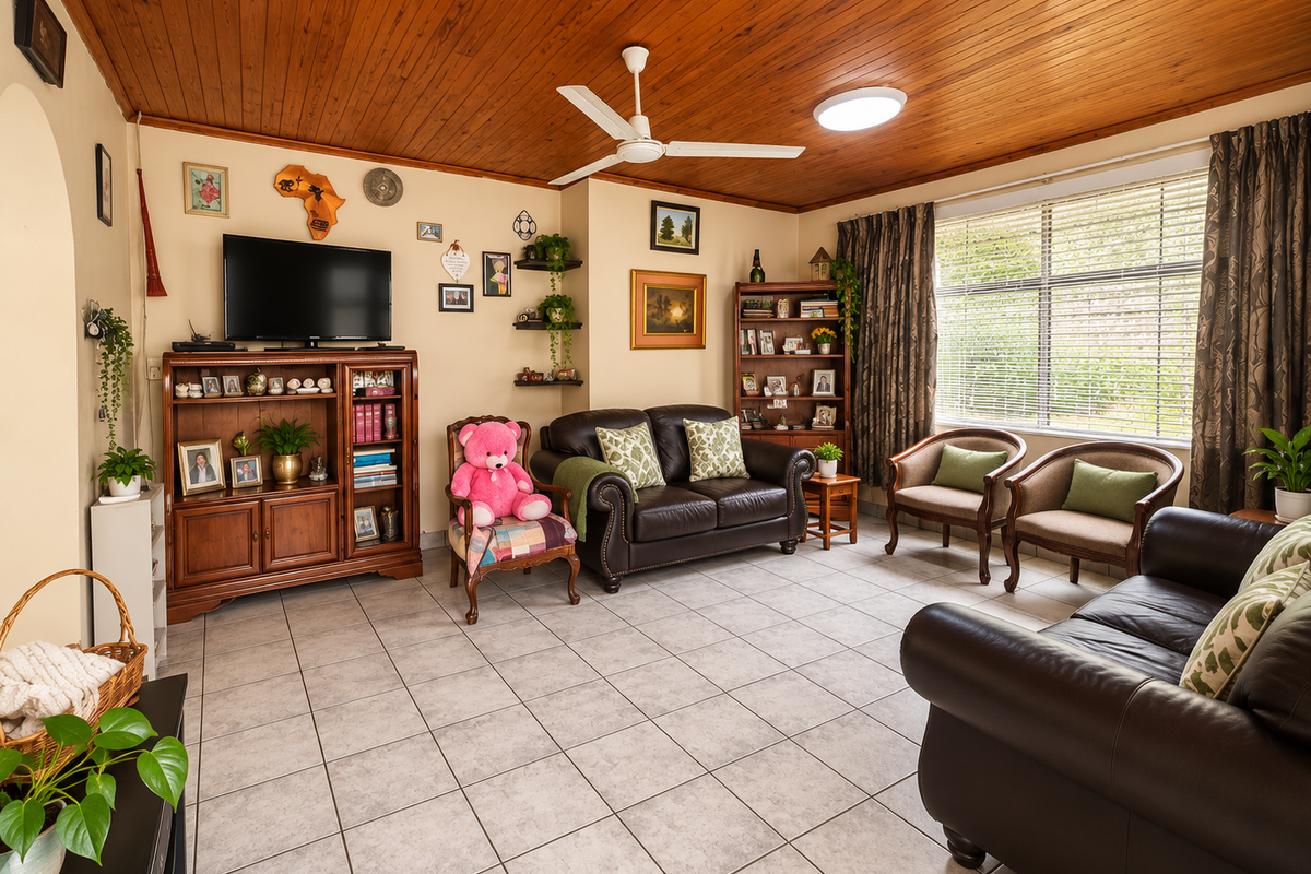 A comfortable living room featuring a warm timber tongue and groove ceiling, ceiling fan, and neutral tiled flooring with large window for natural light.
